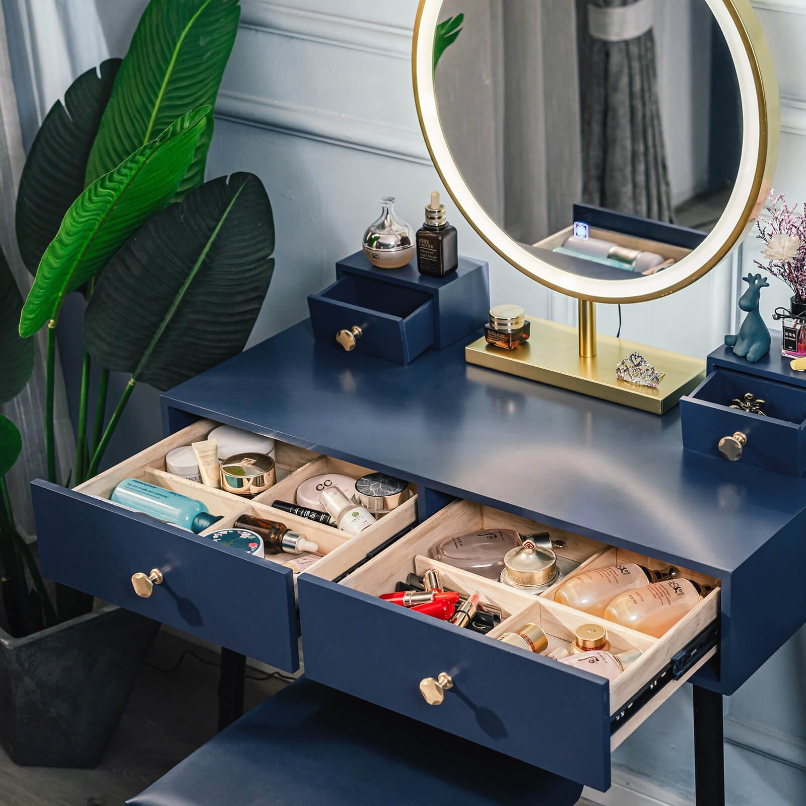 Details display of Elecwish Modern Blue Dressing Table PU Cushion Stool HW1178 drawer