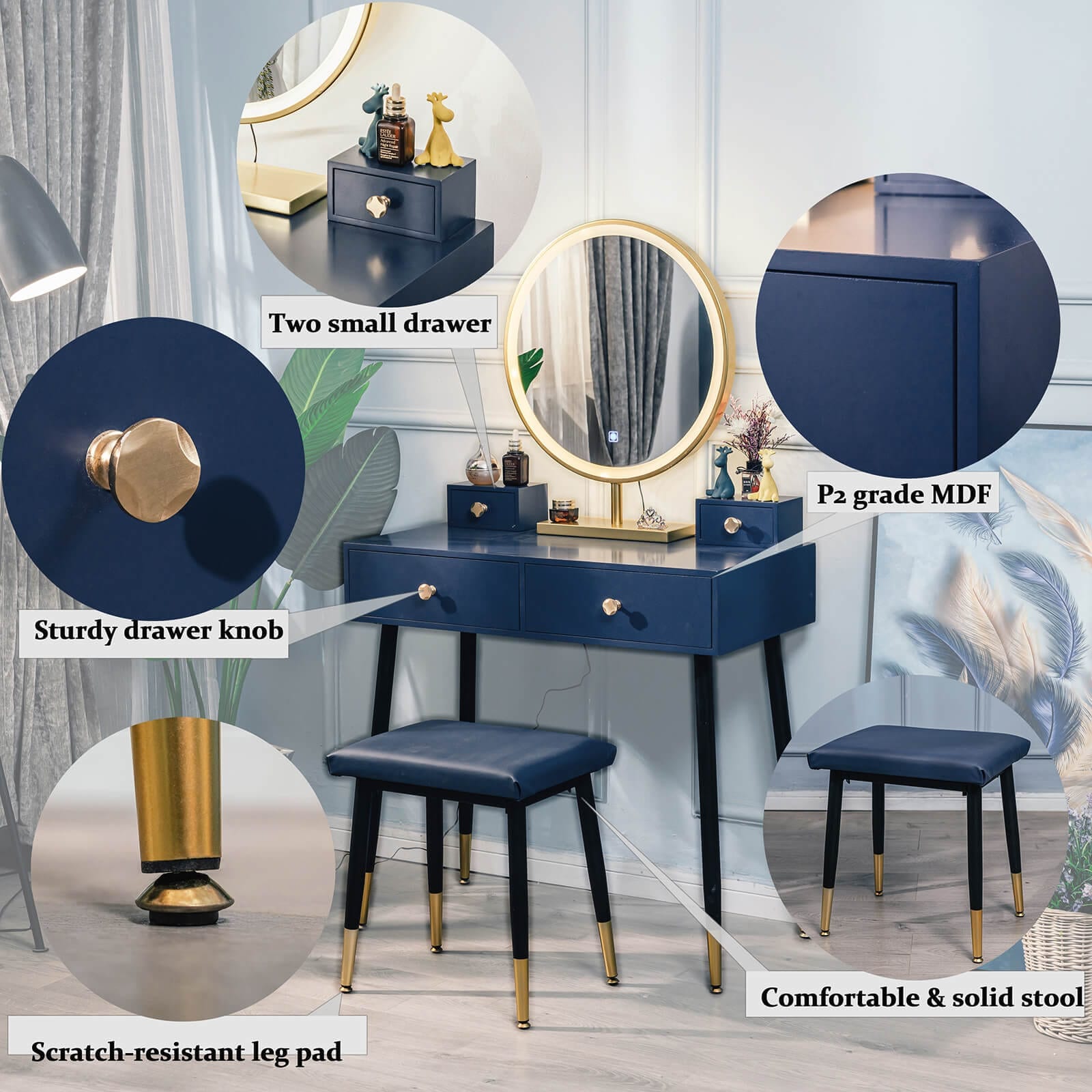Features of Elecwish Modern Blue Dressing Table PU Cushion Stool HW1178