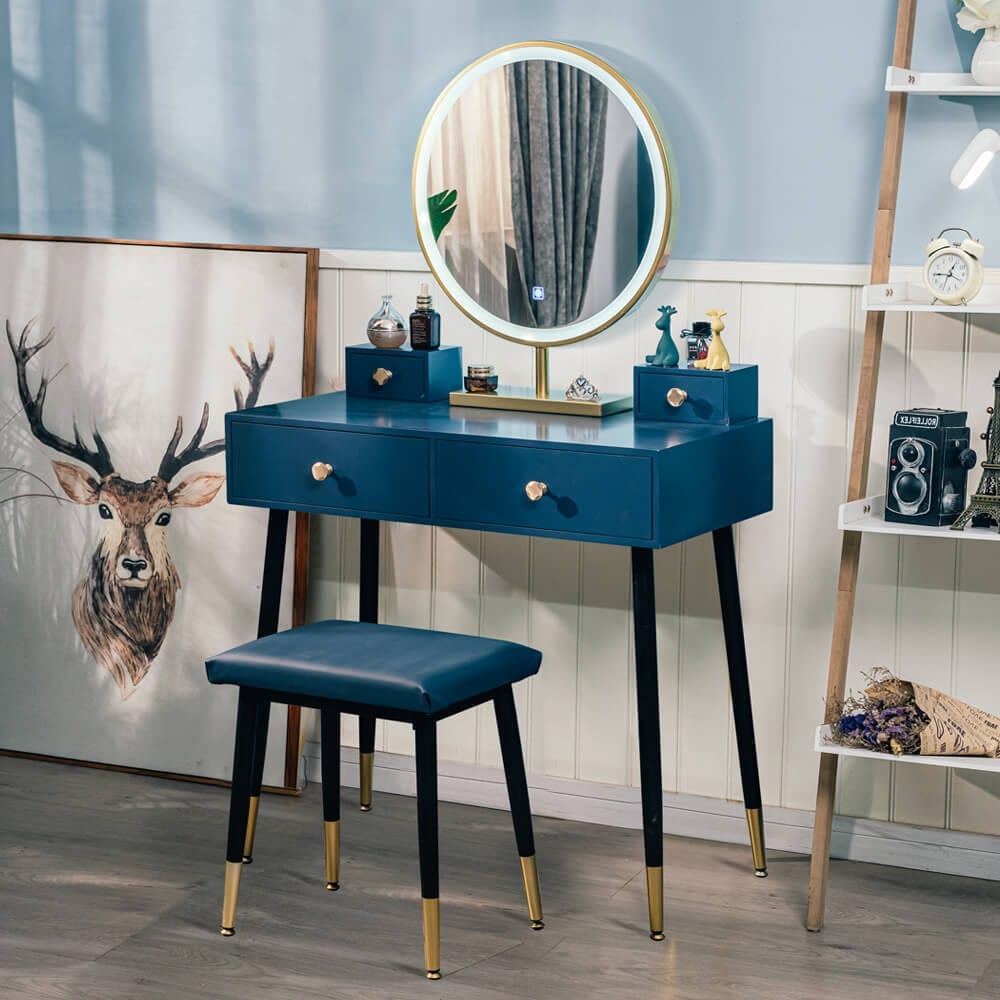 Makeup Vanity Table Set 3 LED Adjustable Mirror, Blue, Blue Makeup Vanity Table Set 3 LED Adjustable Mirror, Blue, Blue