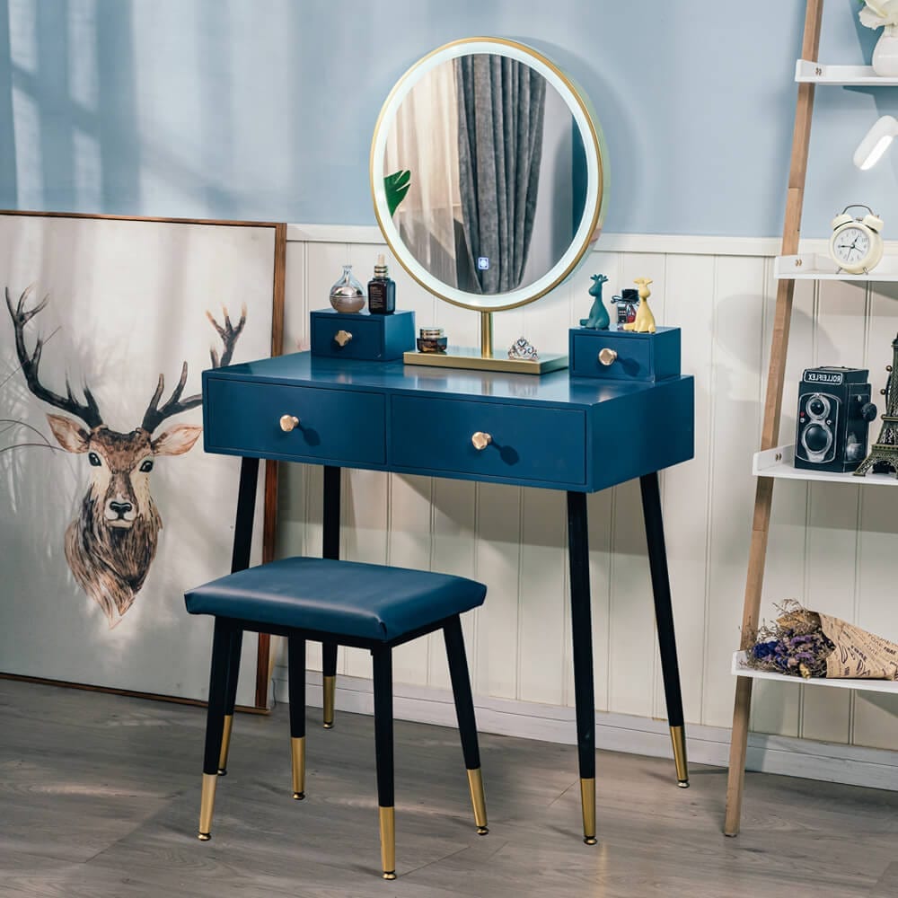 Elecwish Modern Blue Dressing Table PU Cushion Stool HW1178 display scene