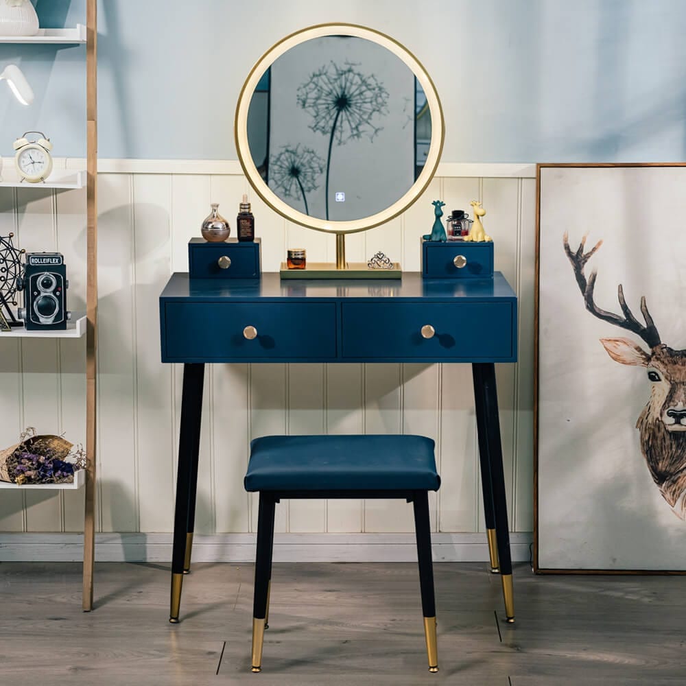 Elecwish Modern Blue Dressing Table PU Cushion Stool HW1178 display scene