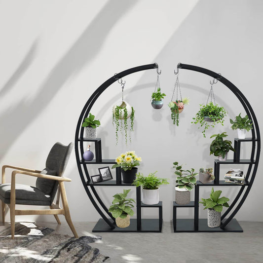 Black Plant Stand Indoor, 5 Tier Half Circle Ladder Flower Pot Stand GD003