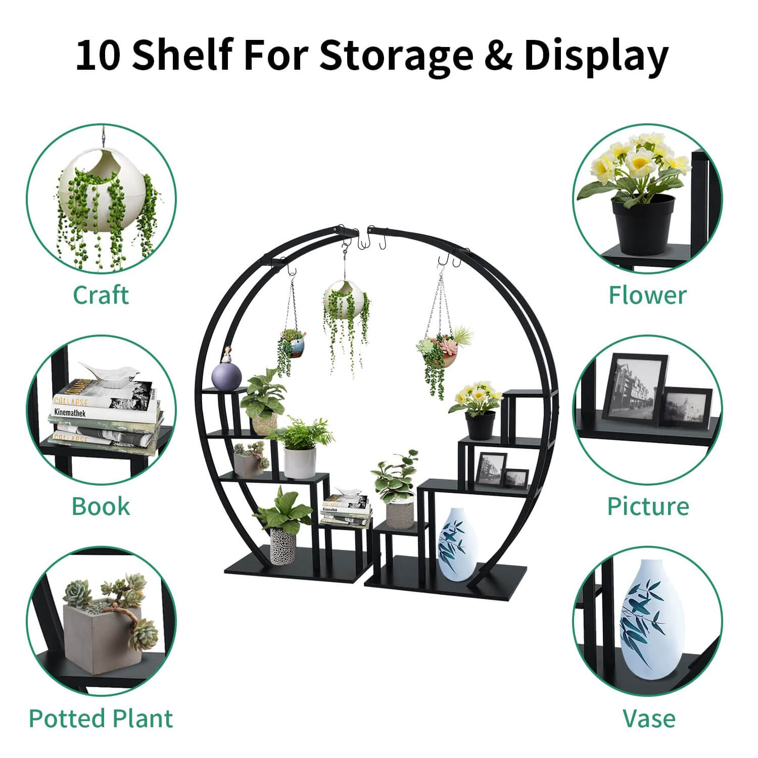 10 shelf for storage and display of Black Plant Stand Indoor, 5 Tier Half Circle Ladder Flower Pot Stand GD003