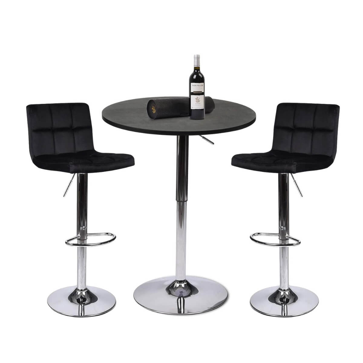 Elecwish Black Bar Table with 2 Black Contemporary Chrome Air Lift Barstool Flannel Padded Adjustable Swivel Stools