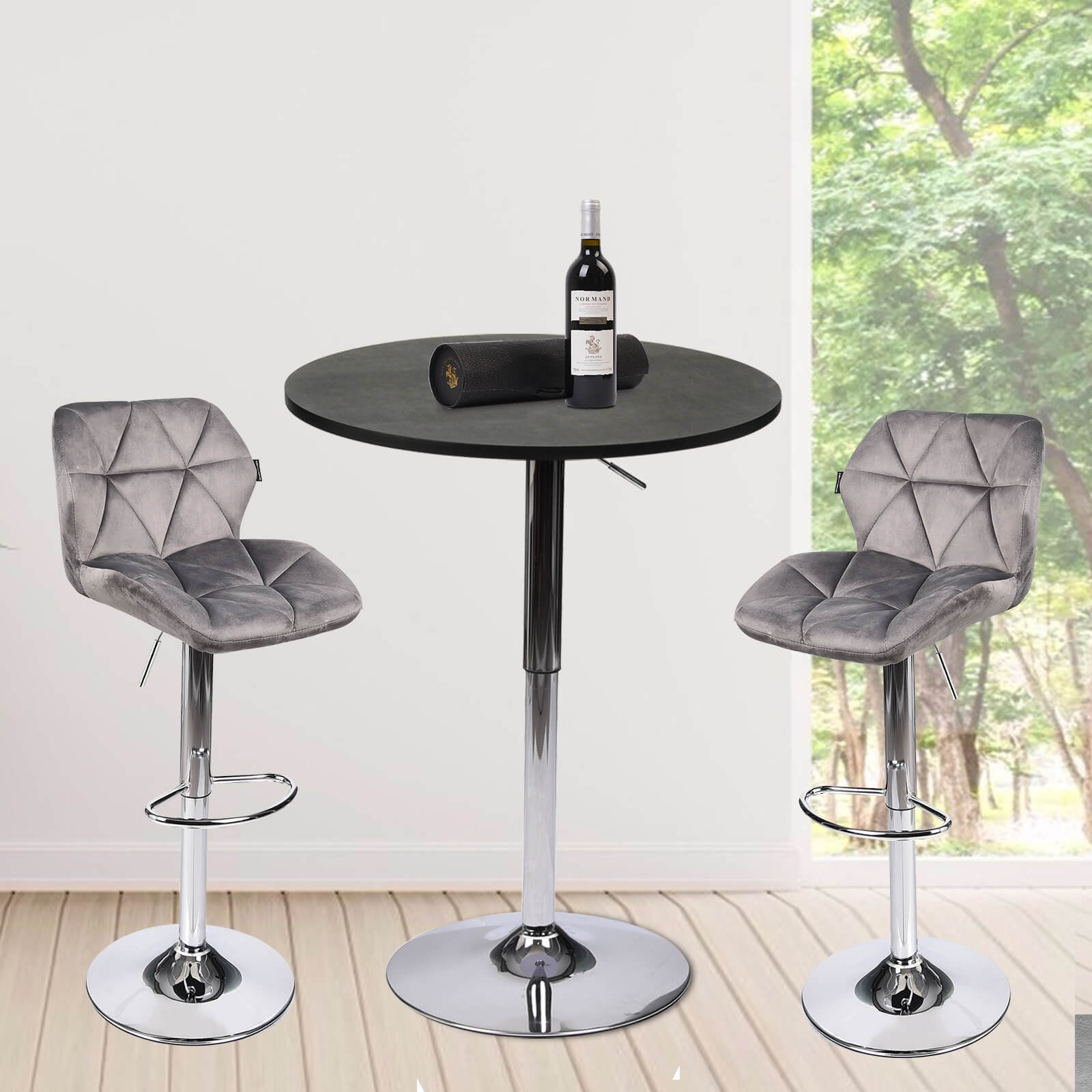 Black bar table with faux leather silver stools scene ow005