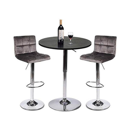 Elecwish Black Bar Table with 2 Grey Contemporary Chrome Air Lift Barstool Flannel Padded Adjustable Swivel Stools