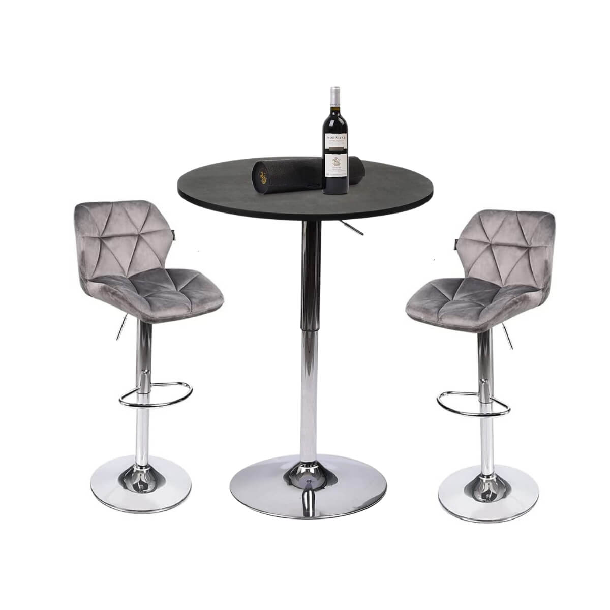 Black bar table with faux leather silver stools ow005