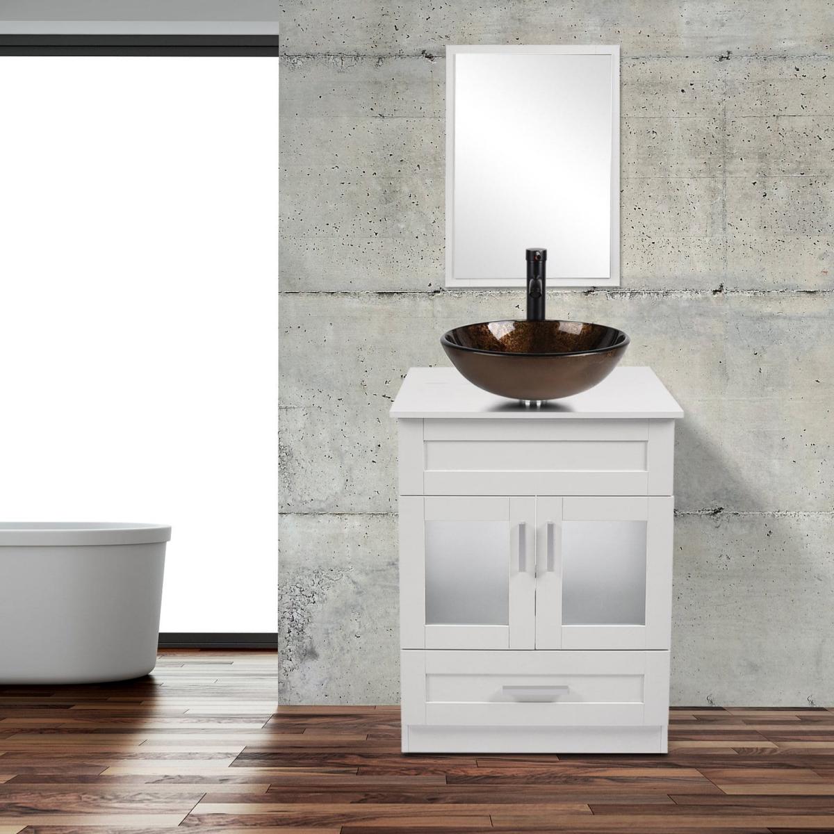 Elecwish White Bathroom Vanity with Brown Round Sink Set BA1001-WH display scene