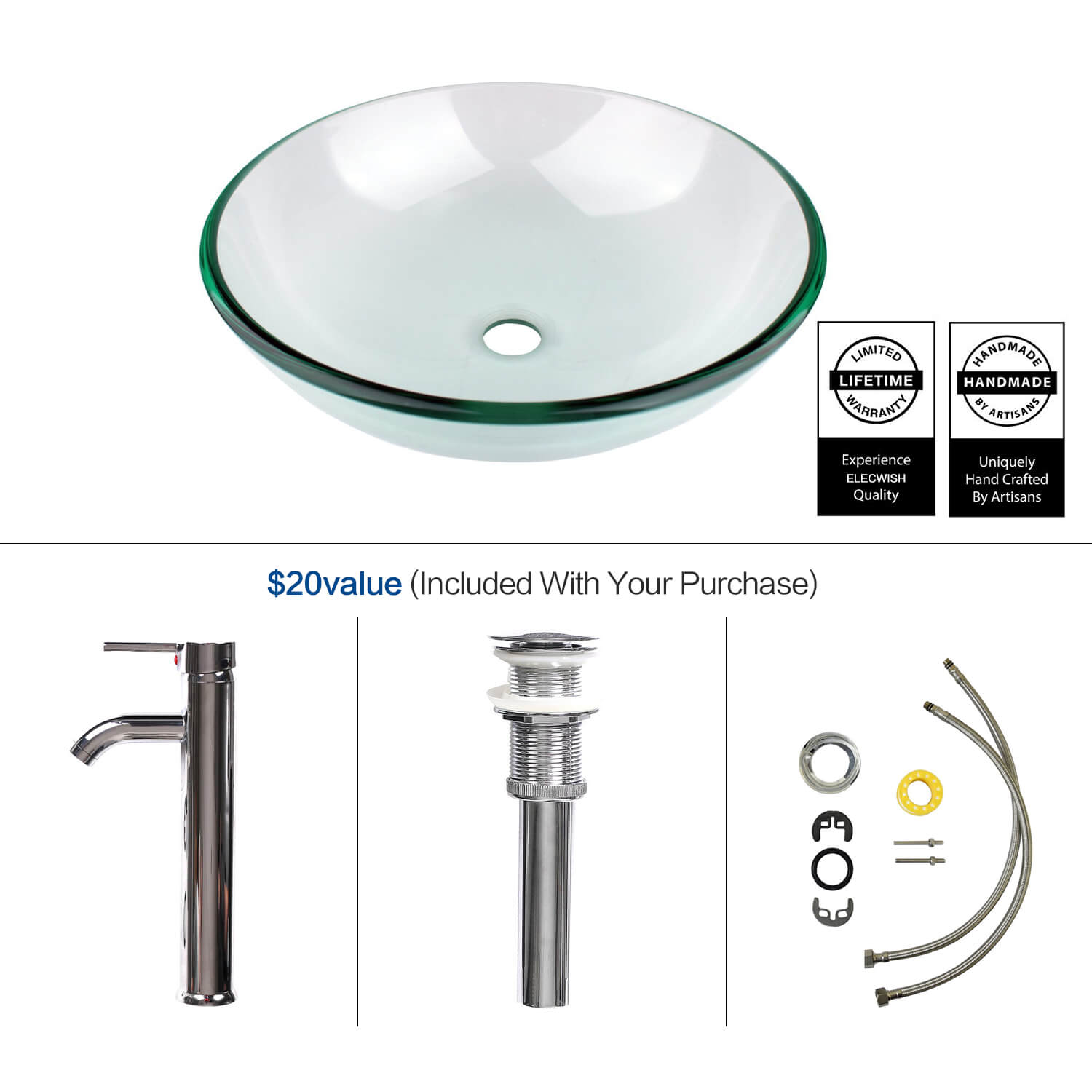 Elecwish clear glass sink included parts