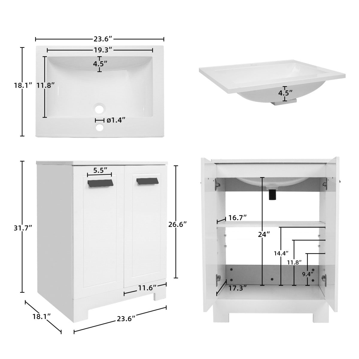 Elecwish Sleek 24" Bathroom Vanity Set BA006 size
