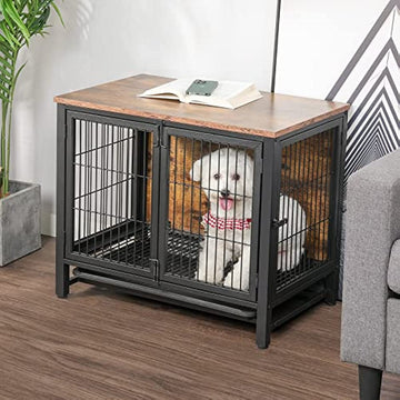 White dog in the wooden dog crate furniture with tray
