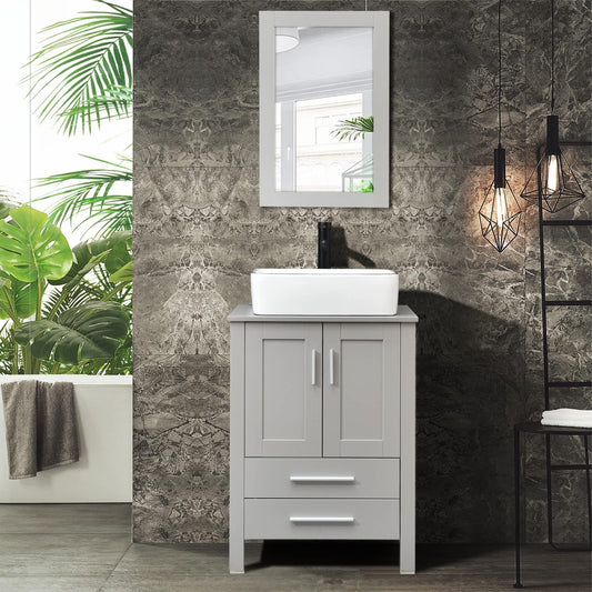 Elecwish 24-Inch Bathroom Vanity, Modern Wood Fixture Stand Pedestal Cabinet with Mirror, Grey display scene