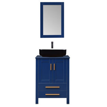 Elecwish 24-Inch bathroom wood vanity with black ceramic sink set stand pedestal cabinet with mirror