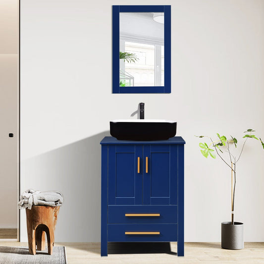 Elecwish 24-Inch bathroom wood vanity with black ceramic sink set stand pedestal cabinet with mirror display scene