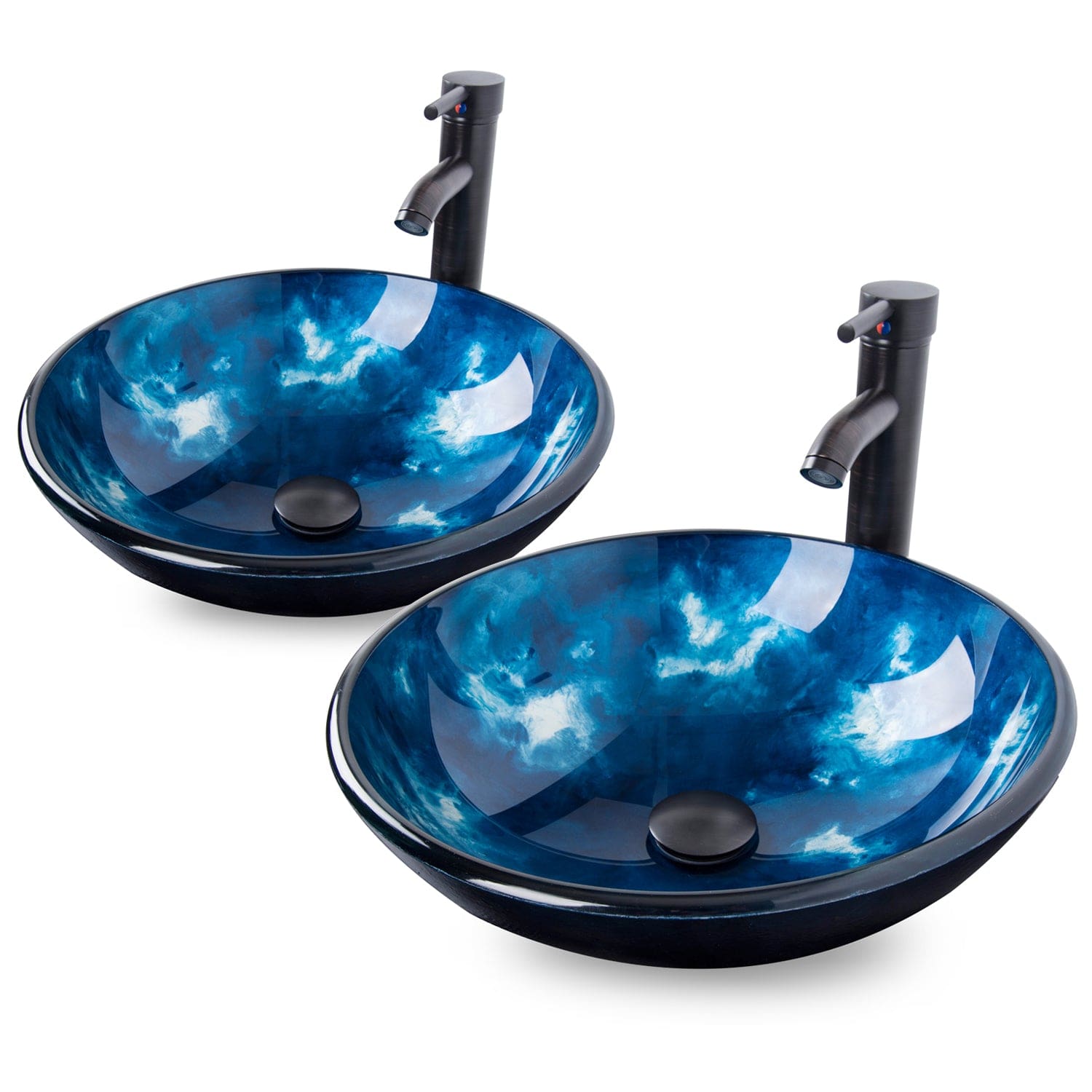 Two Elecwish Artistic Vessel Sink Bathroom Glass Bowl Faucet Drain Combo,Ocean Blue