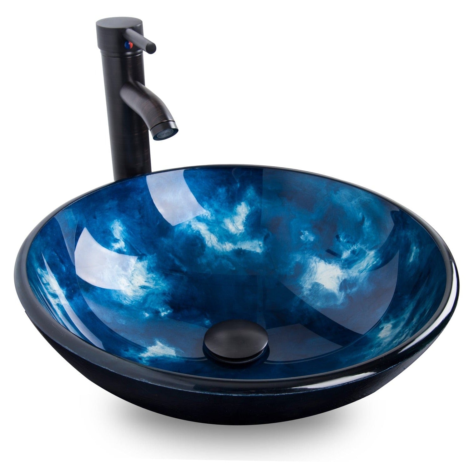 Elecwish Artistic Vessel Sink Bathroom Glass Bowl Faucet Drain Combo,Ocean Blue