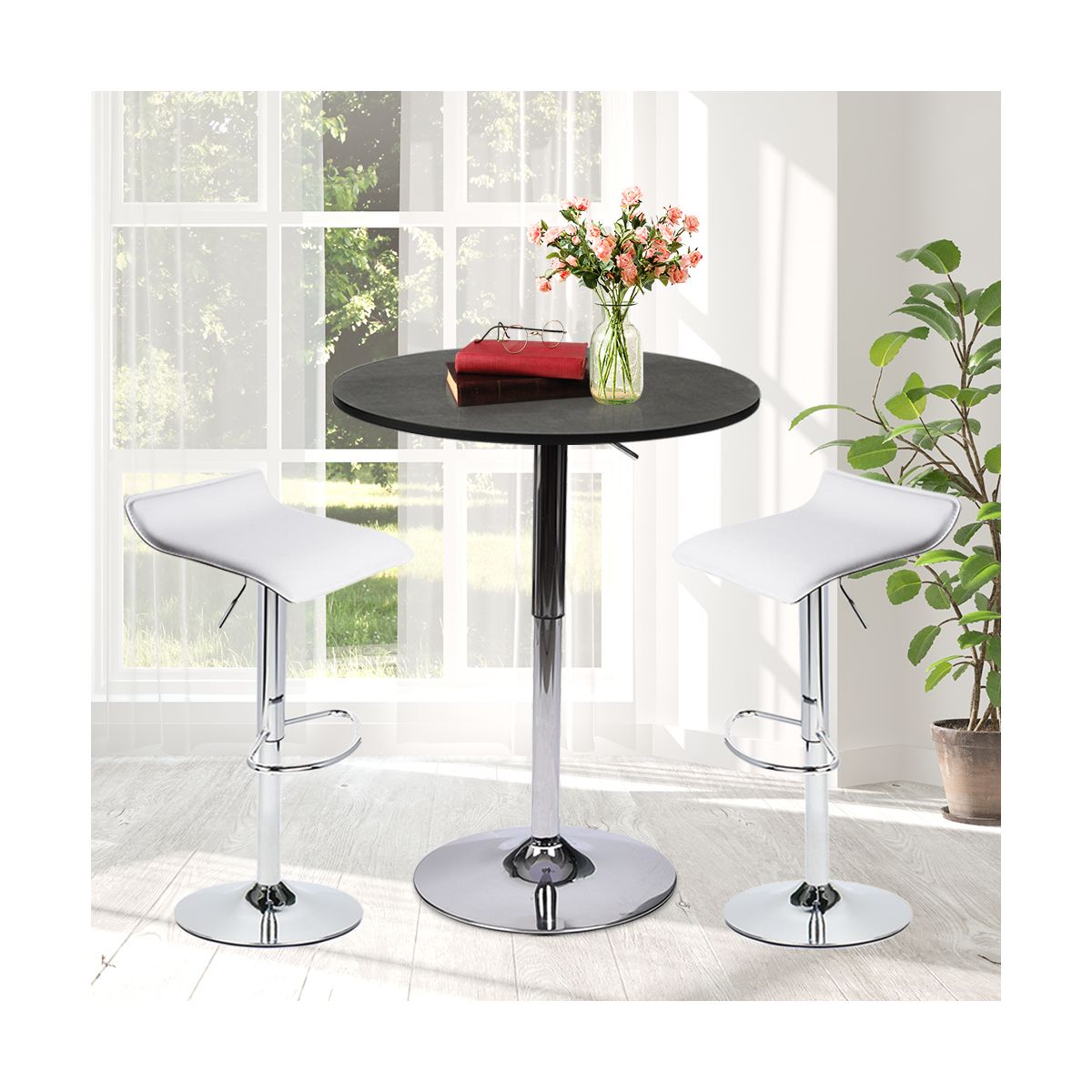 Bar Table Set 3-Piece OW0302 black bar table and white bar stools display scene