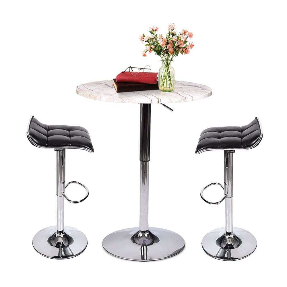Elecwish Marble White Bar Table with Two Grid Black Bar Stools Set 3-Piece OW0306