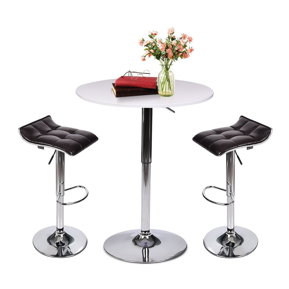 Elecwish White Bar Table with Two Grid Brown Bar Stools Set 3-Piece OW0306