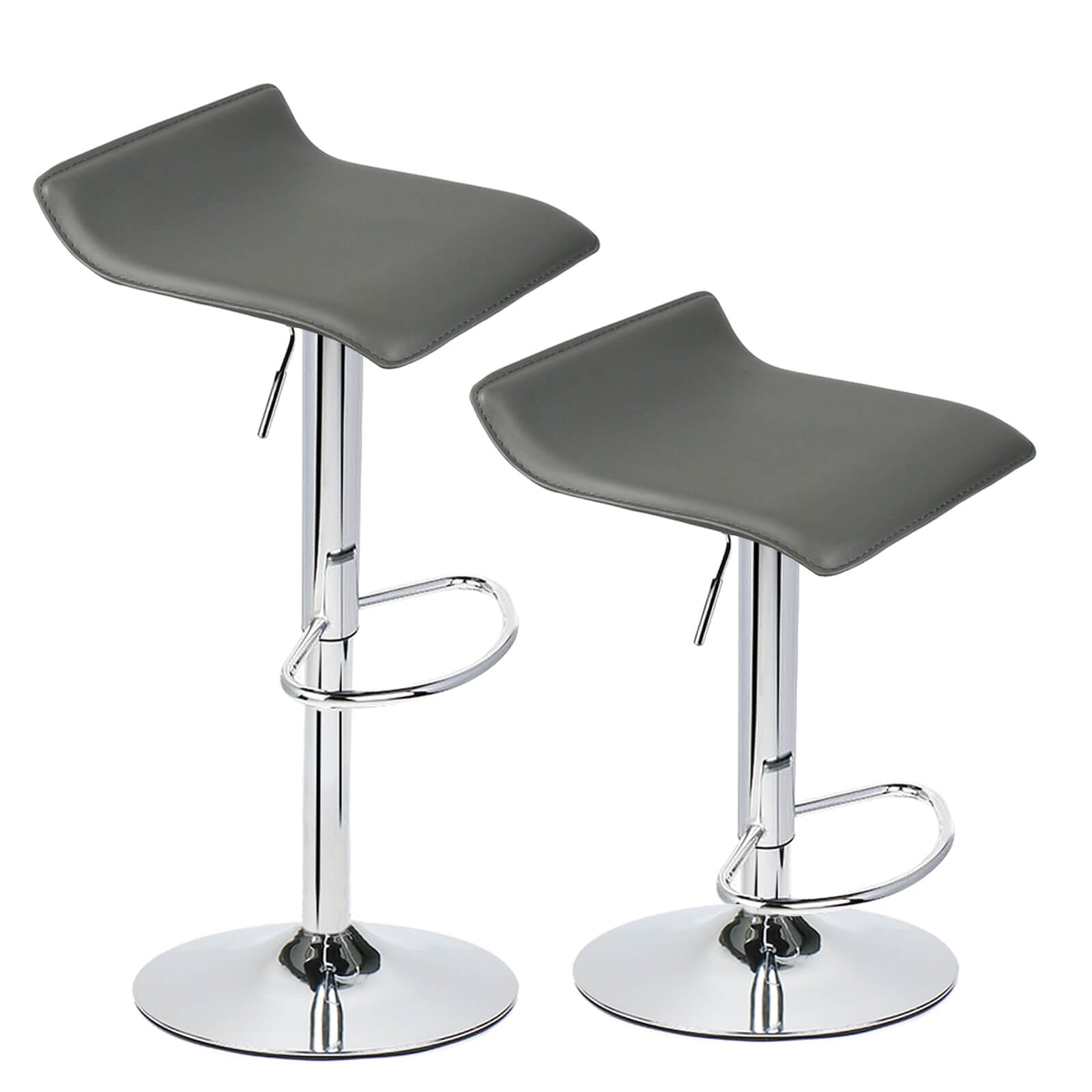 Dining setup with two grey bar stools and a black round table