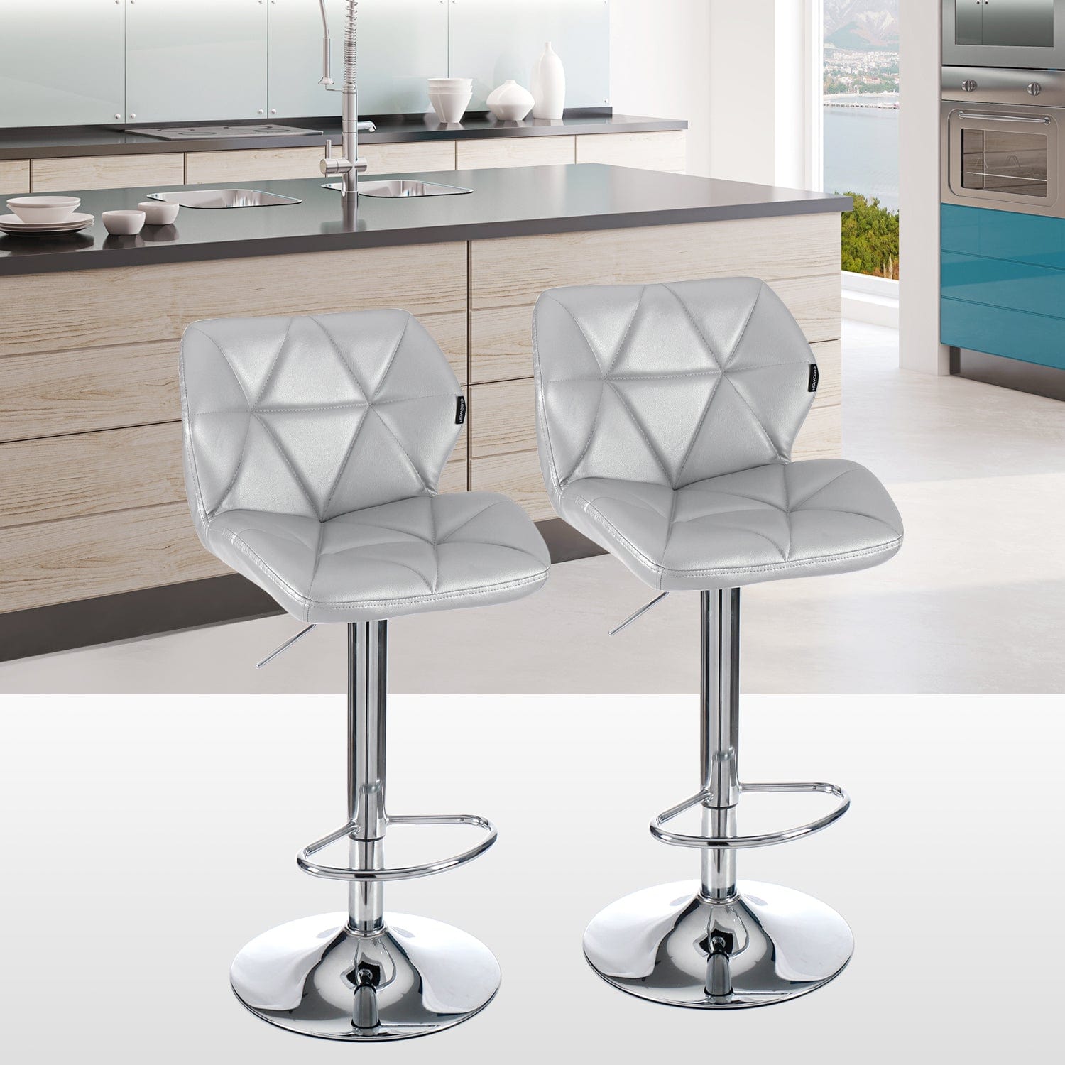 Elecwish Grid Silver Barstools Set of 2 Bar Stools OW001 displays in the kitchen