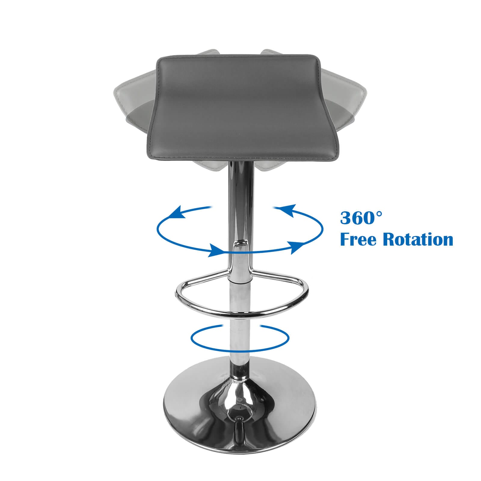 Bar stool with grey seat and 360° rotation label showing chrome base