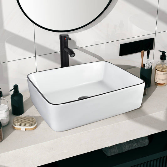 Elecwish white ceramic vessel sink with faucet & drainer set is suitable for bathroom