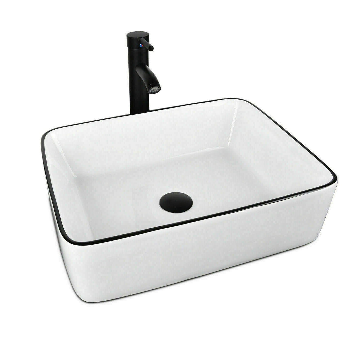 Elecwish white ceramic vessel sink with black edges with faucet & drainer set
