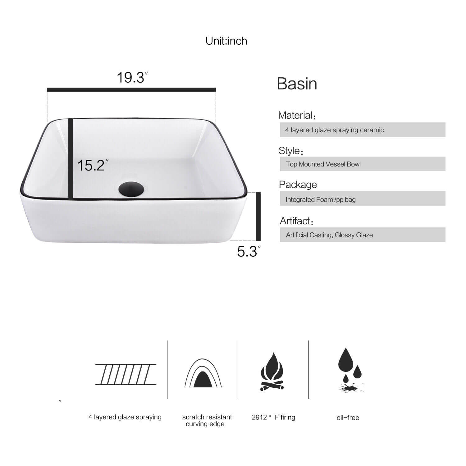 Detail specification of elecwish vessel sink basin