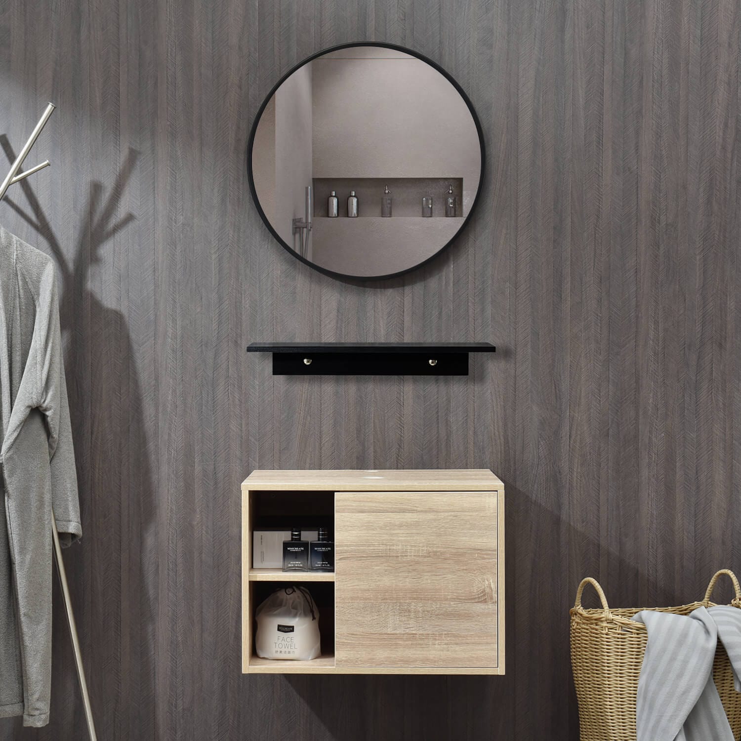 Elecwish Bathroom vanities 23.6" Modern Bathroom Vanity Cabinet With Round Mirror Wall-Mounted Side Shelf display