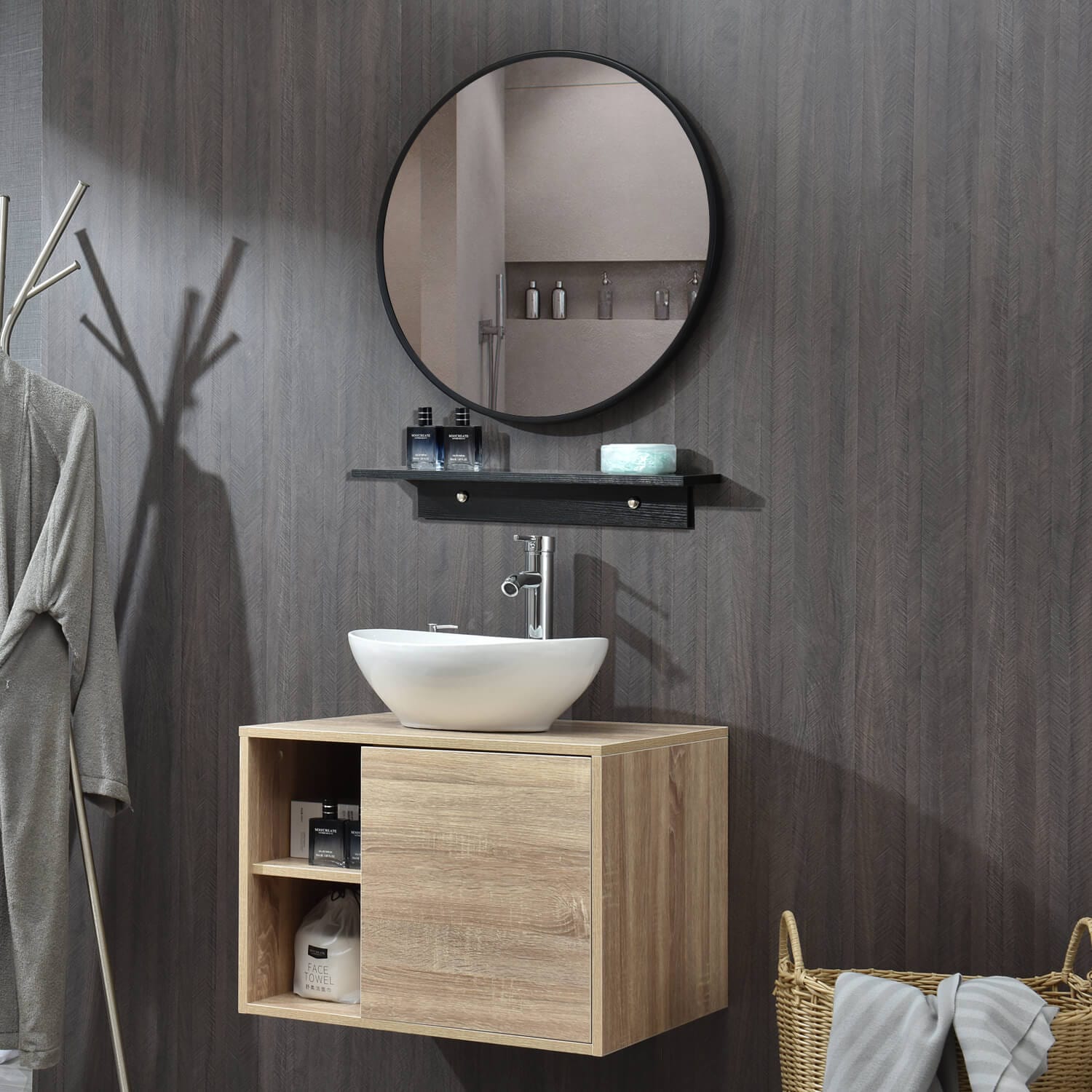 Elecwish Bathroom vanities 23.6" Modern Bathroom Vanity Cabinet With Round Mirror Wall-Mounted Side Shelf with sink display