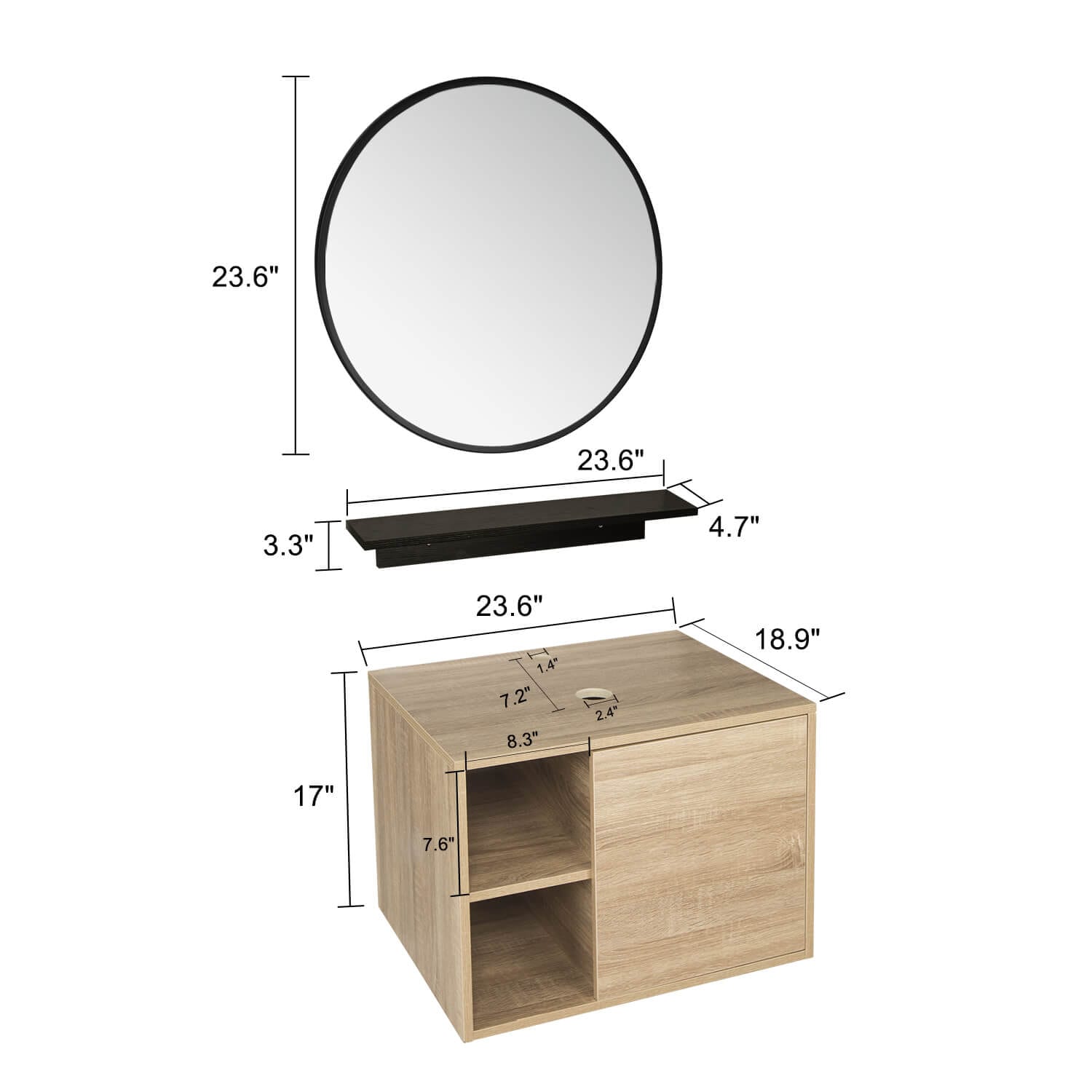 Elecwish Bathroom vanities 23.6" Modern Bathroom Vanity Cabinet With Round Mirror Wall-Mounted Side Shelf size
