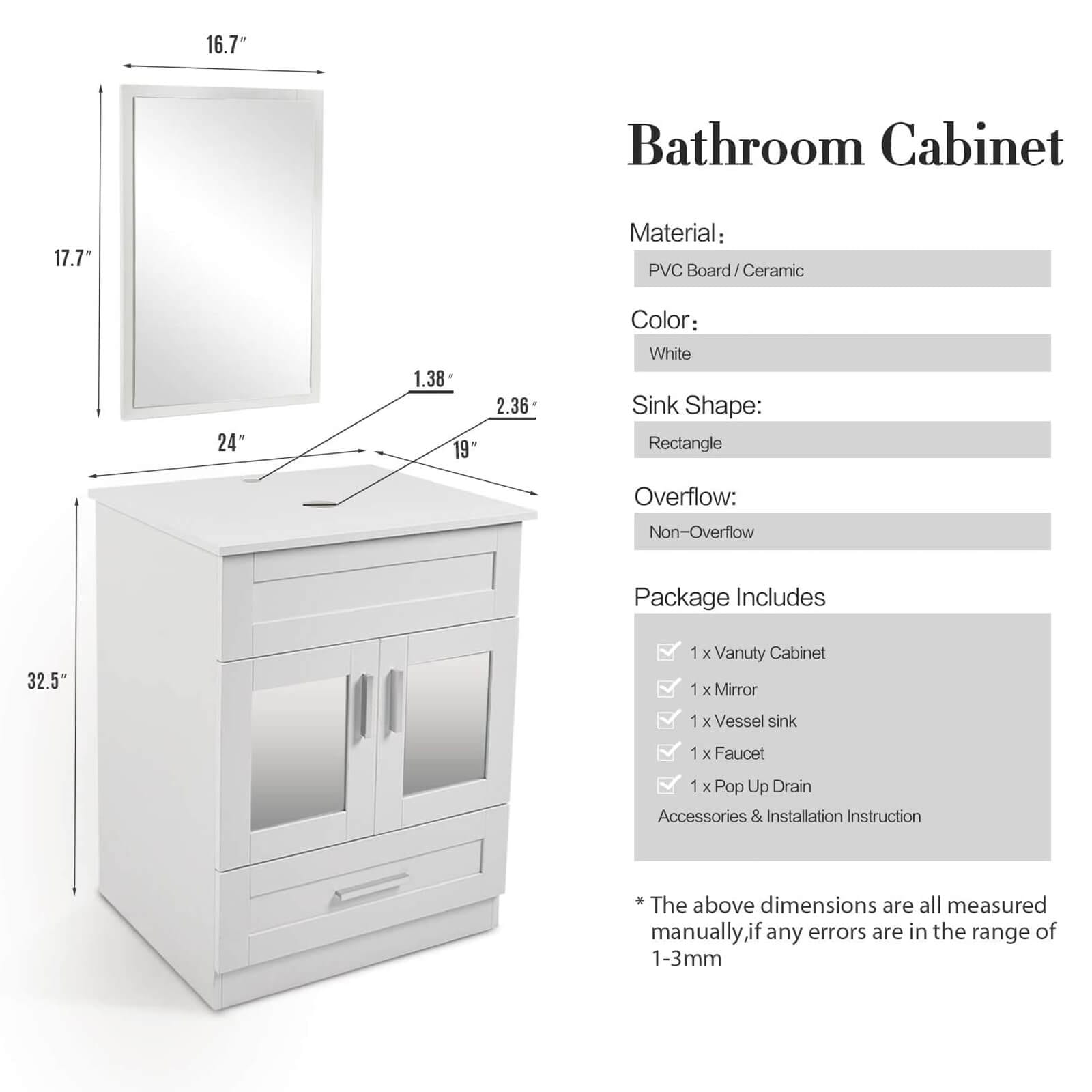 Detail Specfications of Elecwish Bathroom vanities 24" Wood Bathroom Vanity Stand Pedestal Cabinet with Drawers and Mirror