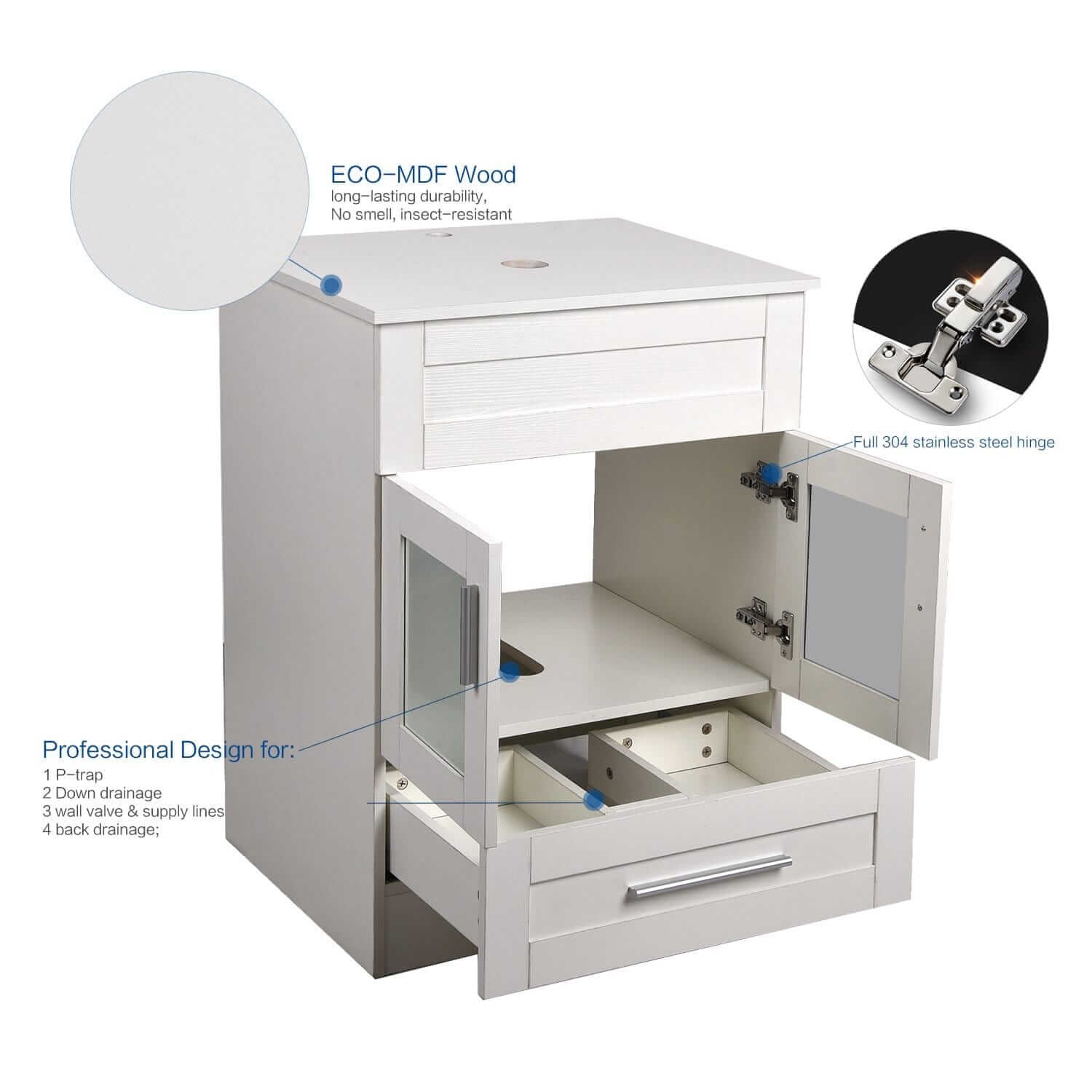 Elecwish 24" wood bathroom vanity has eco-MDF wood, 304 stainless steel hinge and professional design