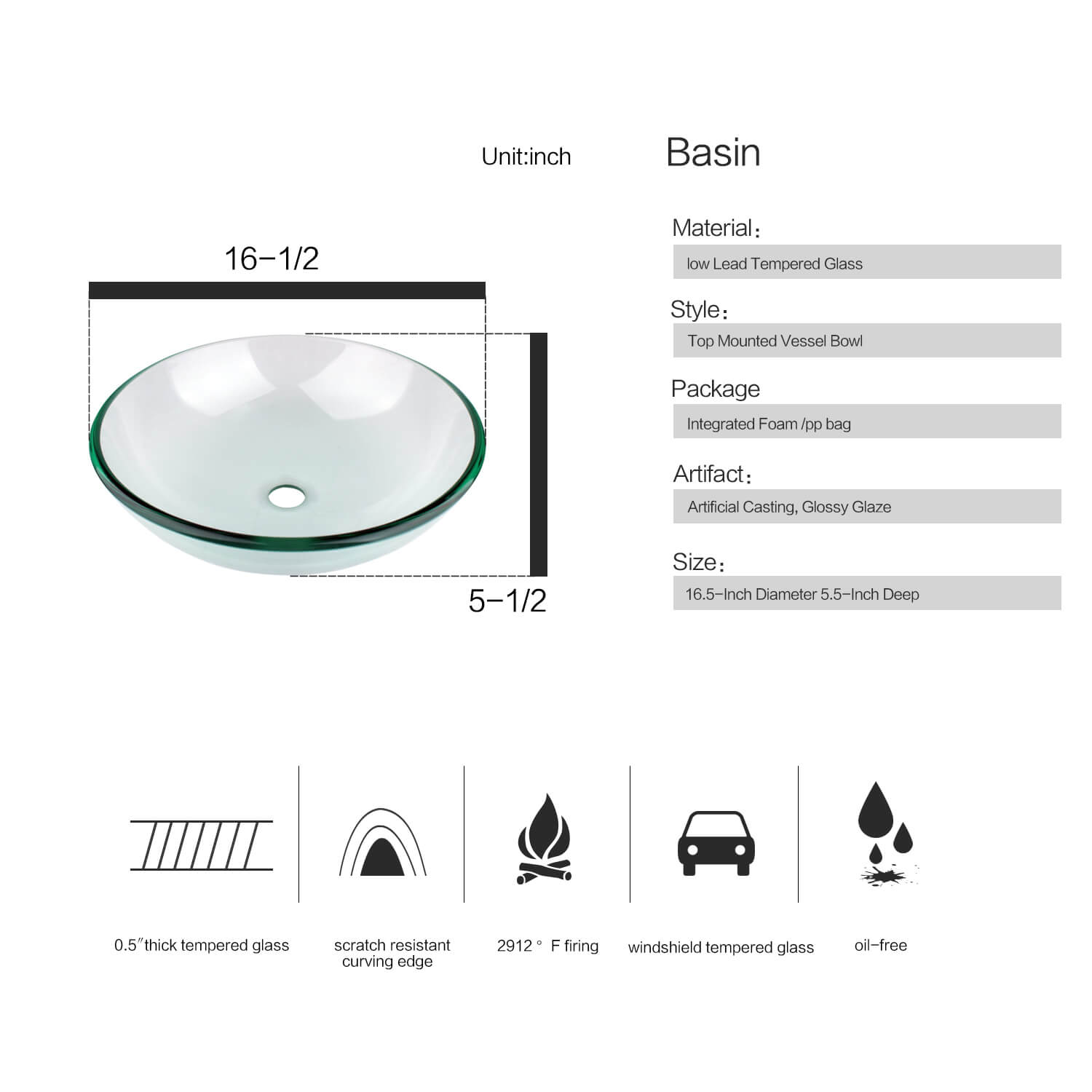 Elecwish round glass sink basin size and description