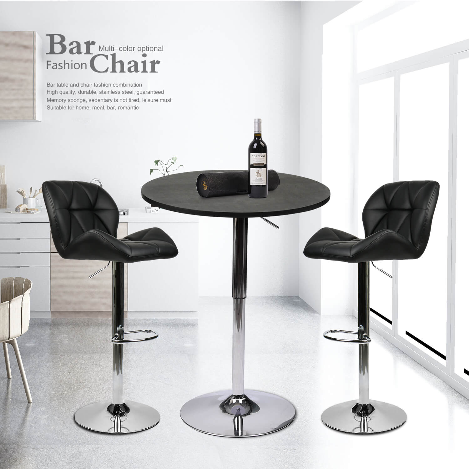 Elecwish Bar Table Set 3-Piece OW0301 black bar table with black bar stools display scene