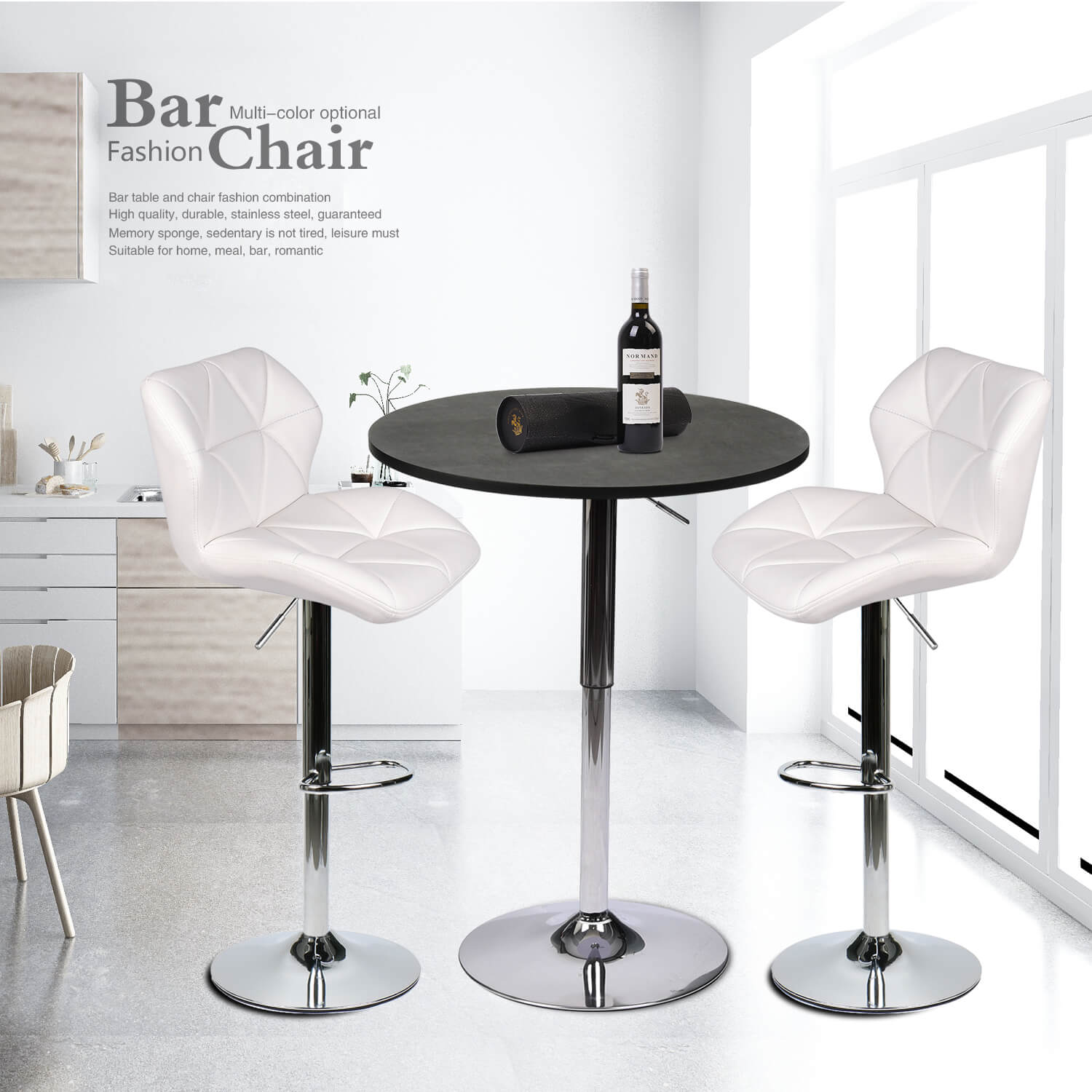 Elecwish Bar Table Set 3-Piece OW0301 black bar table with white bar stools display scene