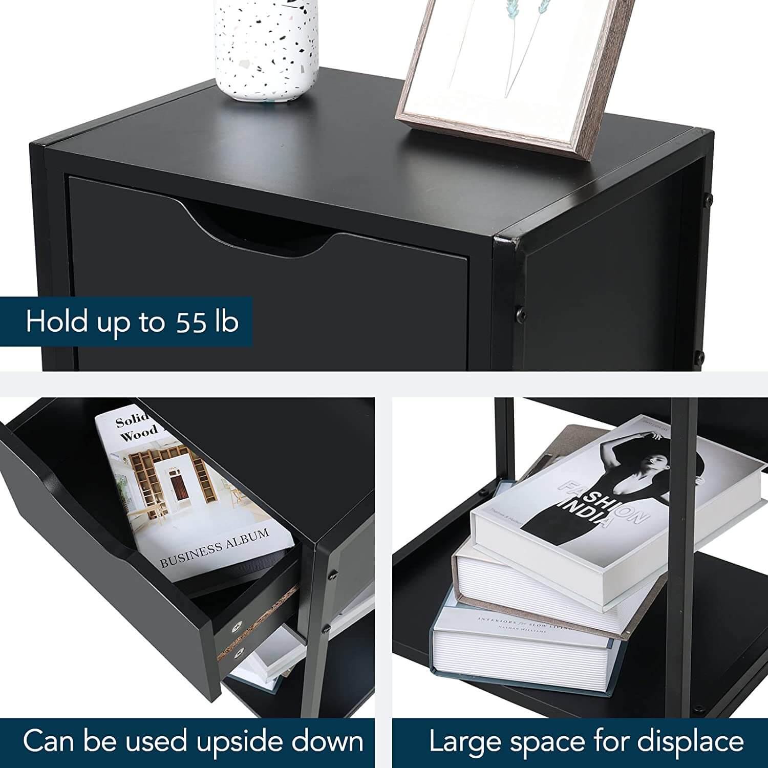 Elecwish Black Nightstand Set of 2, Modern Style End Table features