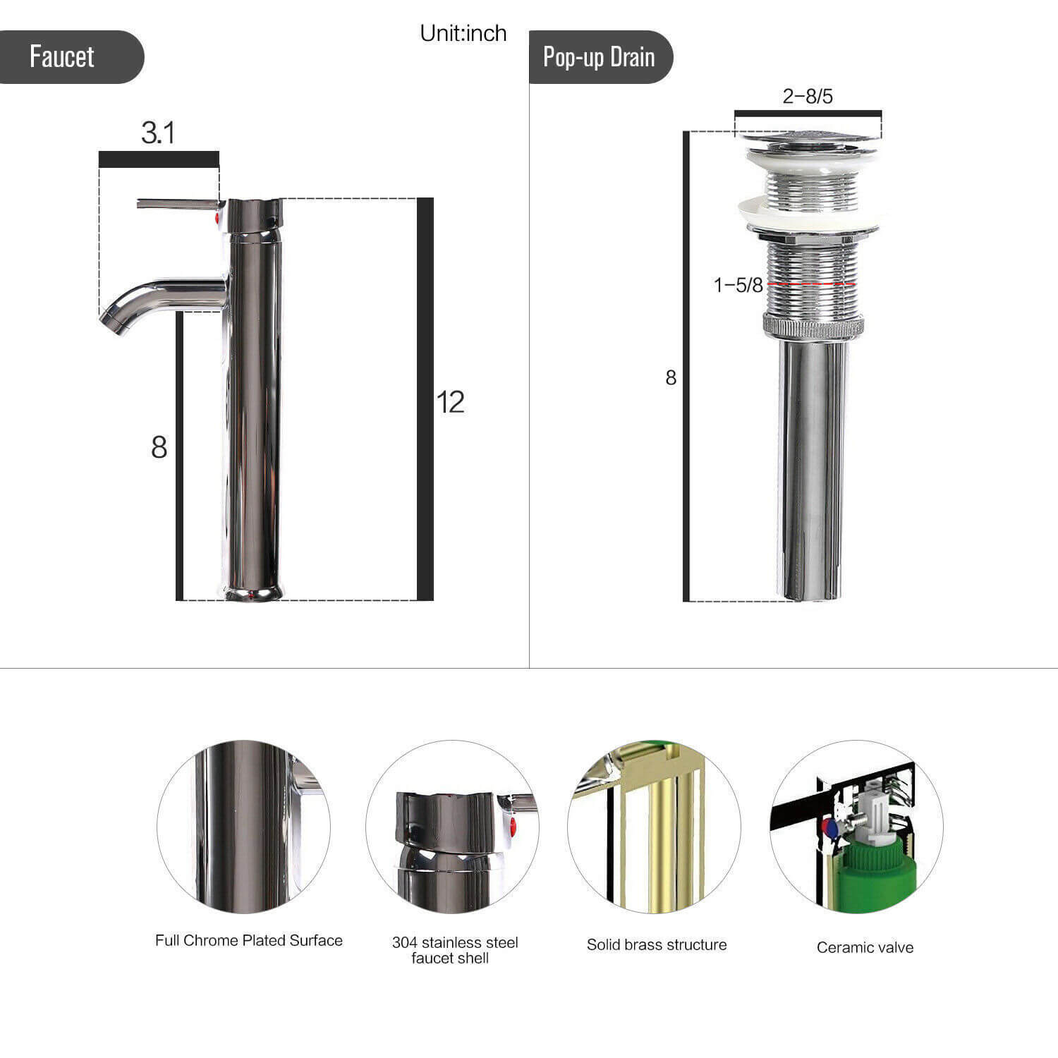 Elecwish sink faucet and pop-up drain size and features