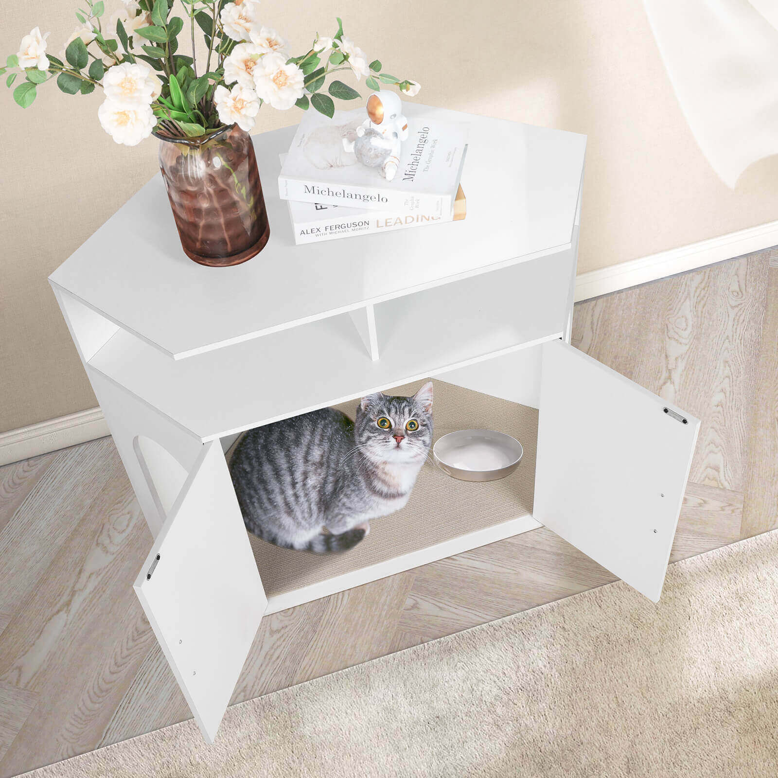 Top view of Elecwish Cat Box Cabinet with Double Doors and Open Shelf PF003
