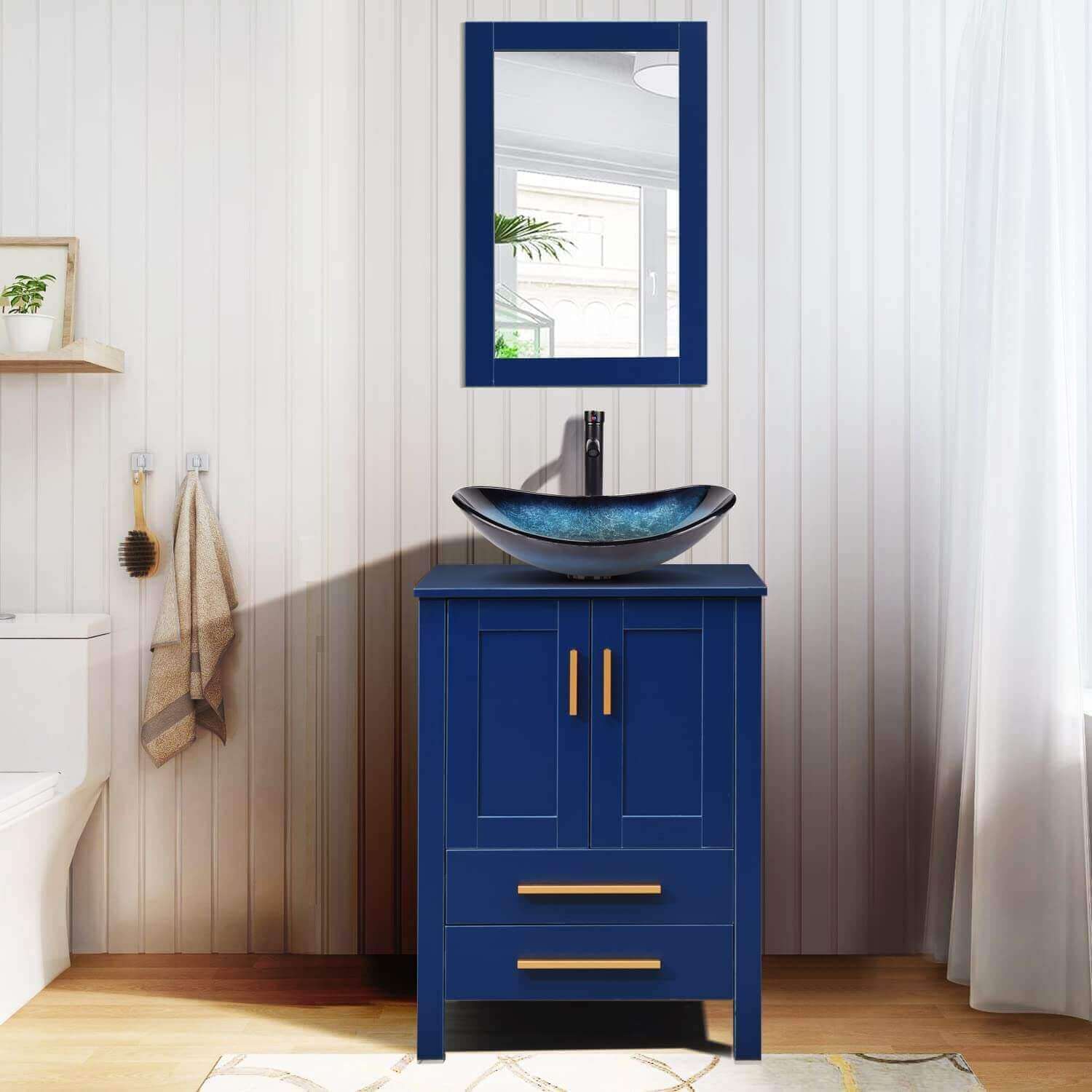 Elecwish 24-Inch bathroom wood vanity with blue boat sink set stand pedestal cabinet with mirror