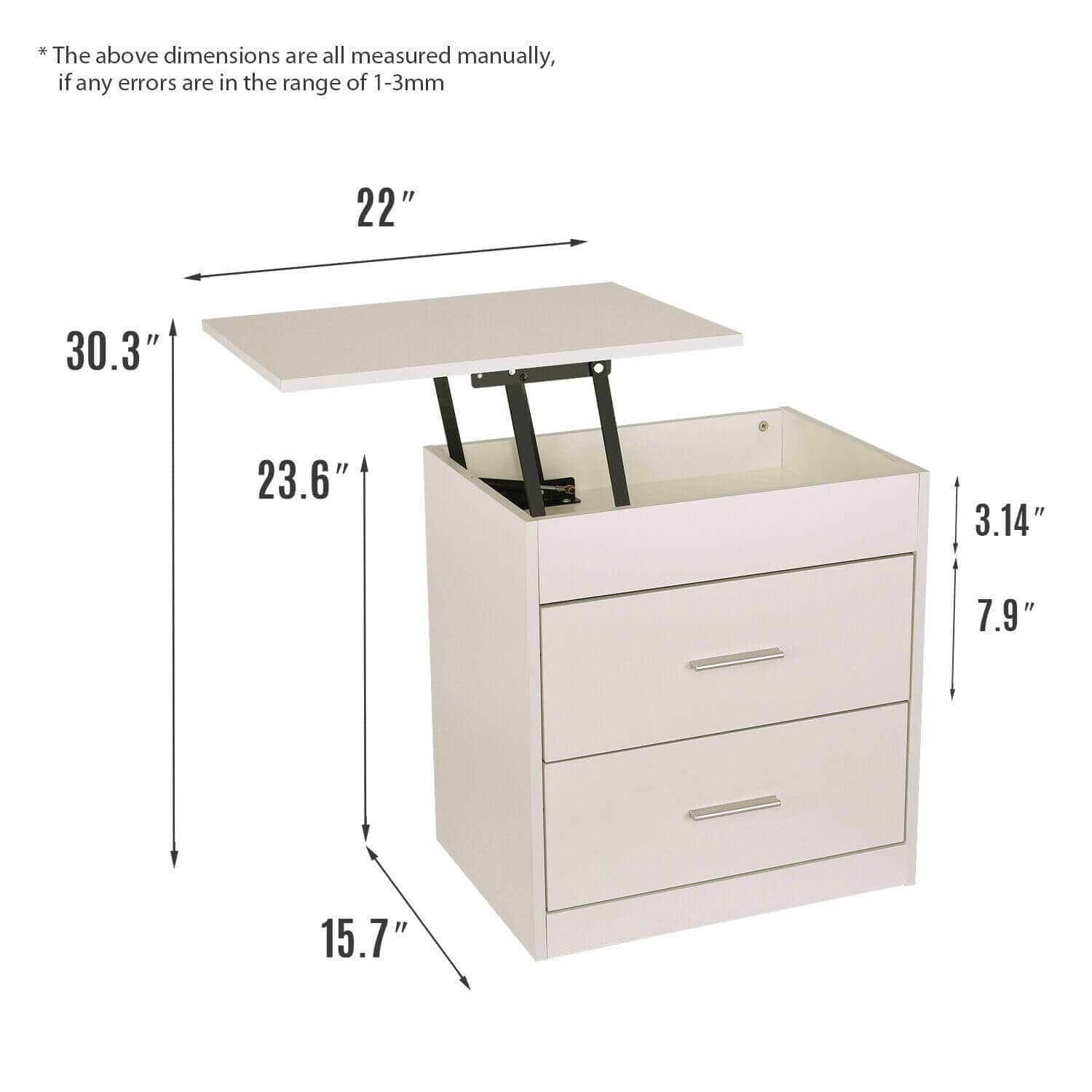 Elecwish White Wood Sofa End Side Table Nightstand Lift W/Drawer Top size