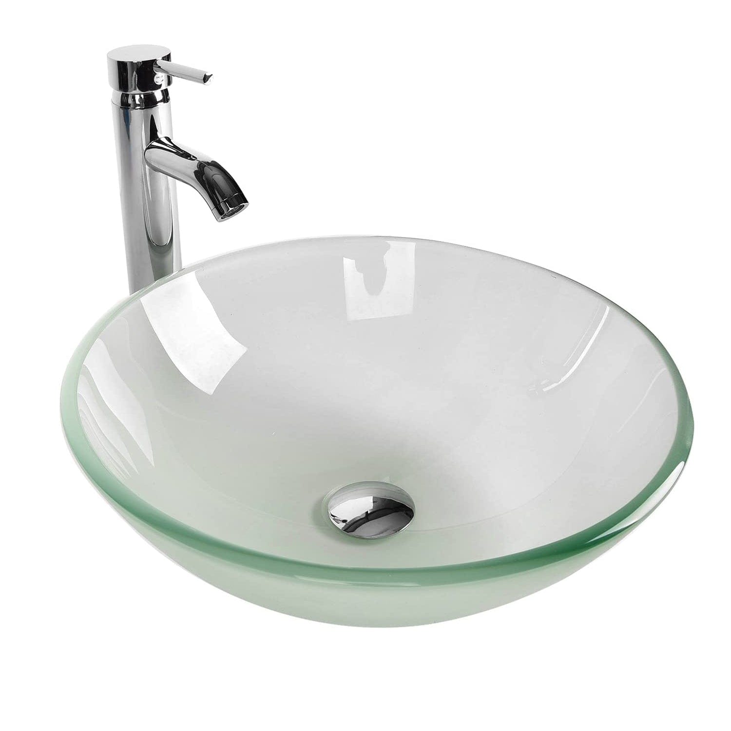 4-Piece Bathroom Glass Vessel Sink Set With Brass Mixer Faucet & Drain - Round, Black/Gray, Cheerup_dd