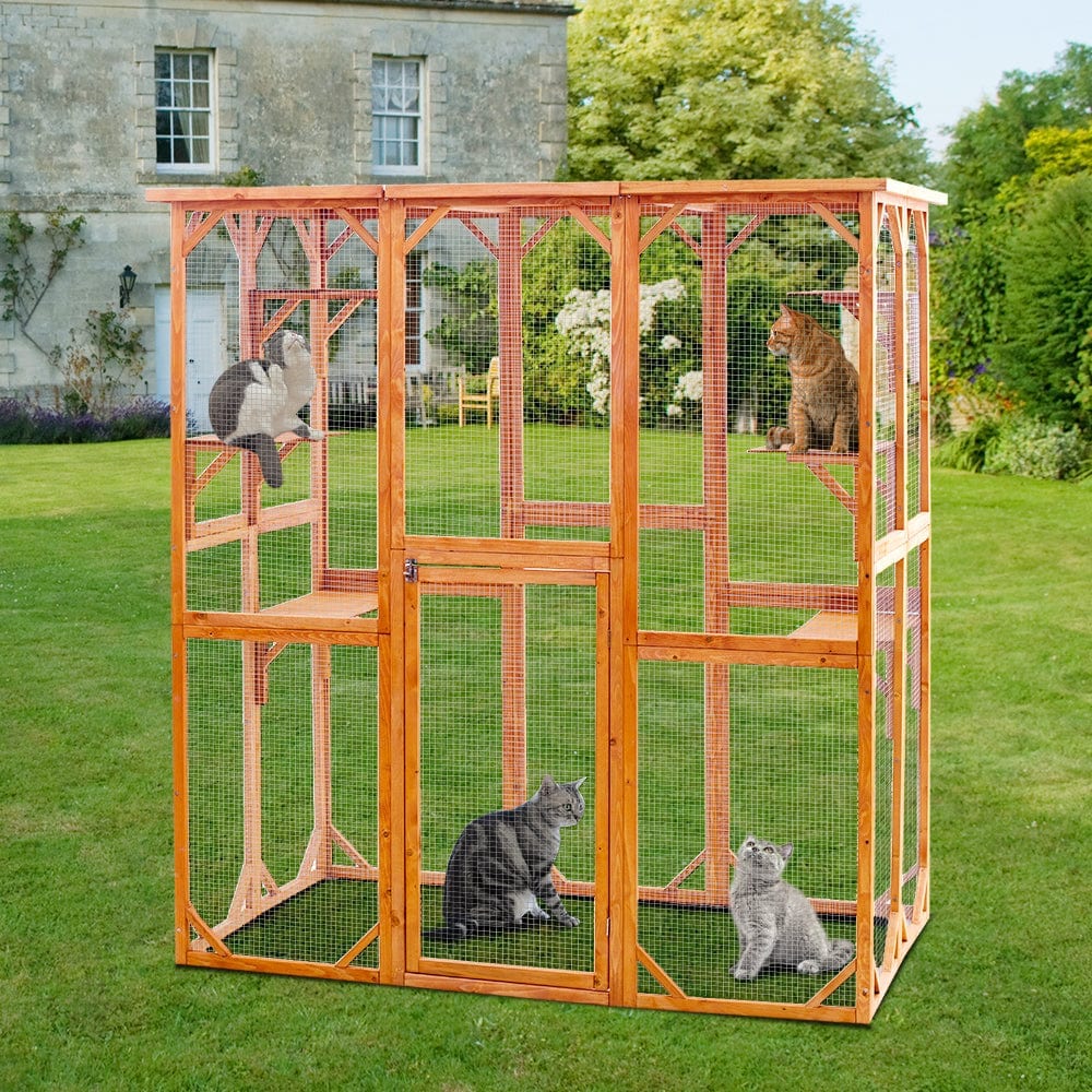 Elecwish Large Cat House Catio Outdoor Cat Enclosure 71" x 38.5" x 71",Orange with cats