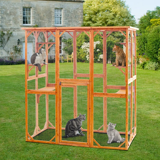Elecwish Large Cat House Catio Outdoor Cat Enclosure 71" x 38.5" x 71",Orange with cats