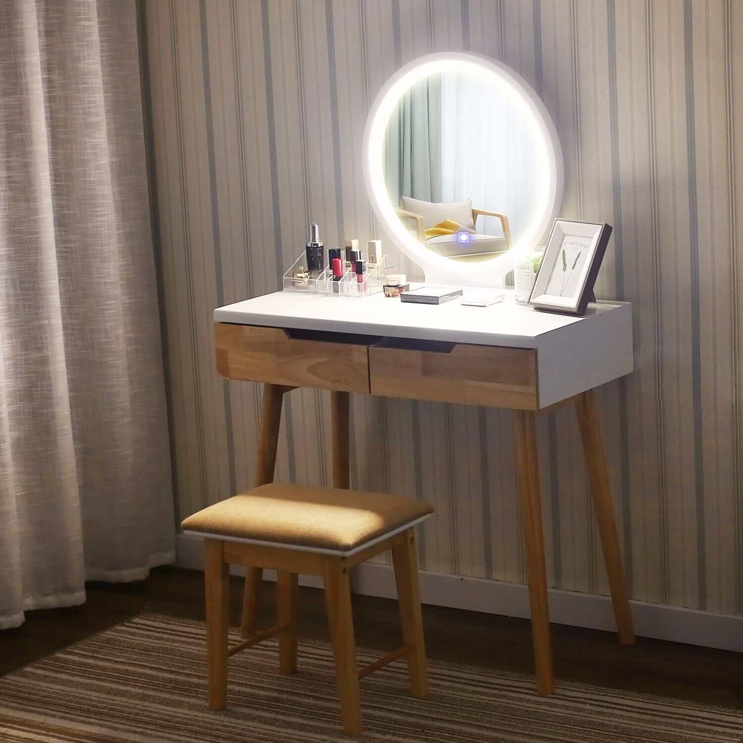 Elecwish Makeup dressing table 3 Lighting Modes Round Mirror Wood Dressing Table 2 Drawers with open light status