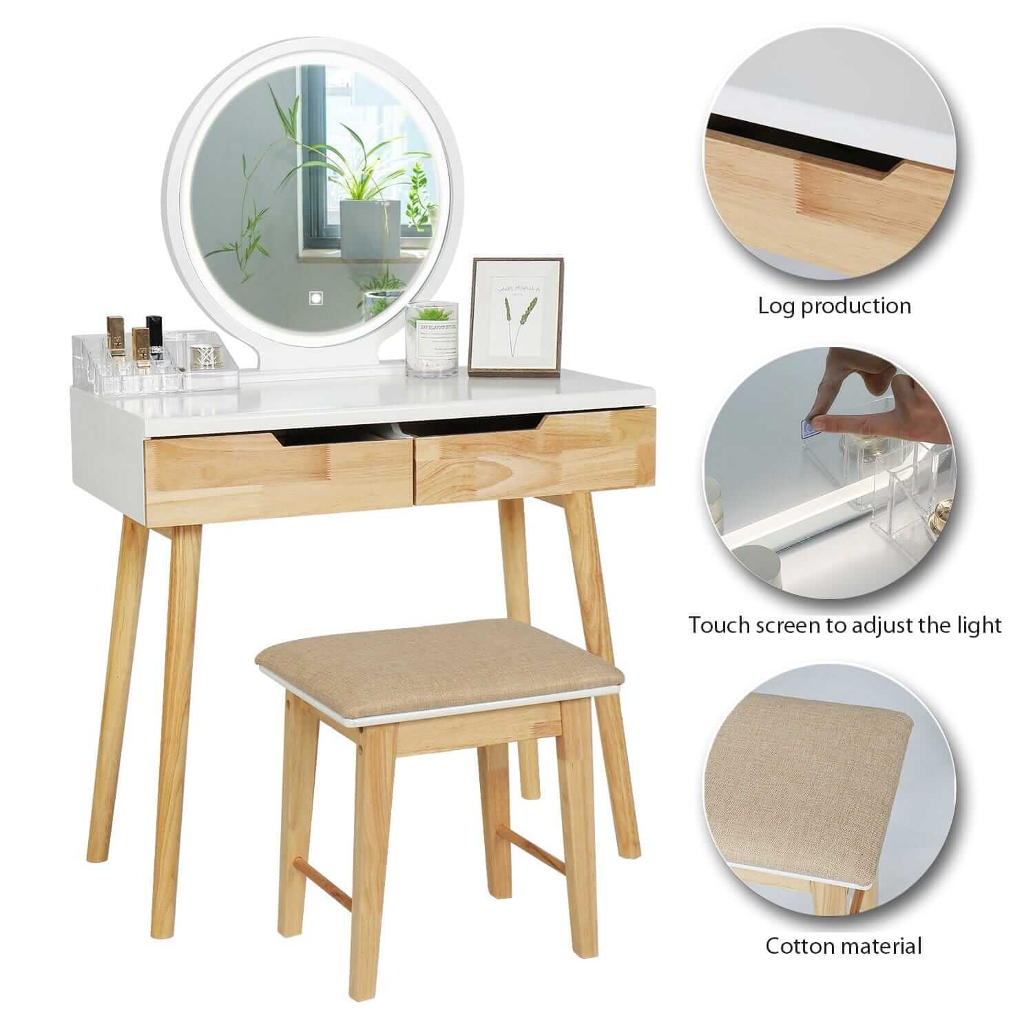 Elecwish Makeup dressing table 3 Lighting Modes Round Mirror Wood Dressing Table has 3 features