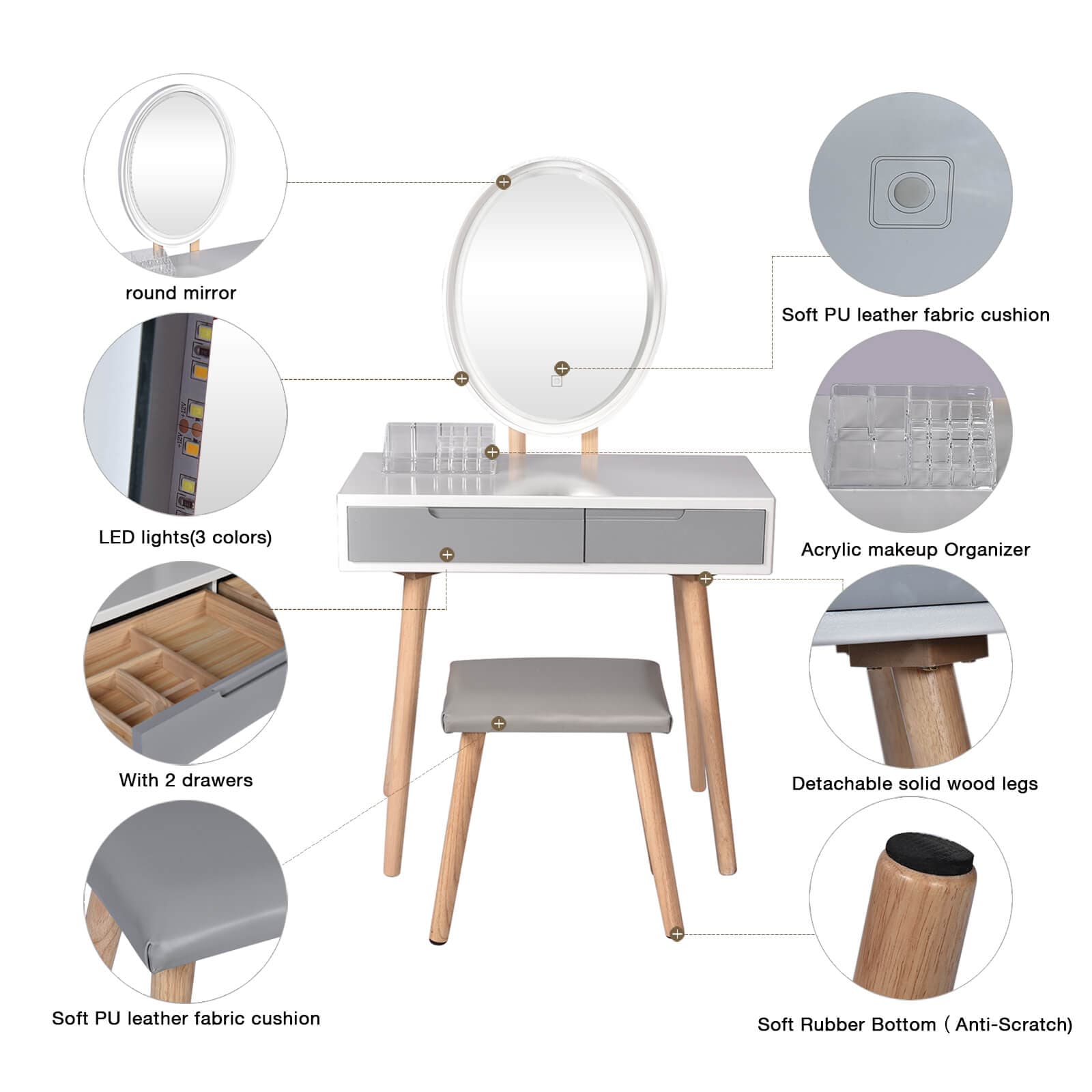 8 features of Elecwish Makeup dressing table 32" Dressing Makeup Vanity Table Stool Set W/ LED Mirror