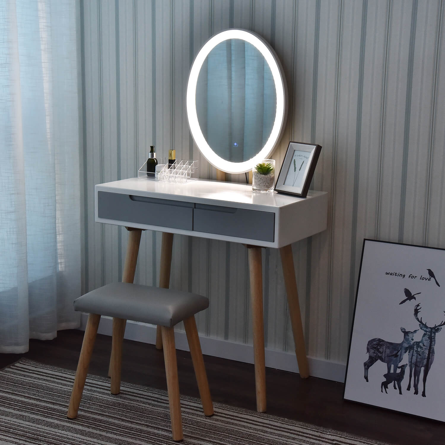 Elecwish 32" Makeup Vanity Table Stool Set Drawers with LED Oval Mirror 