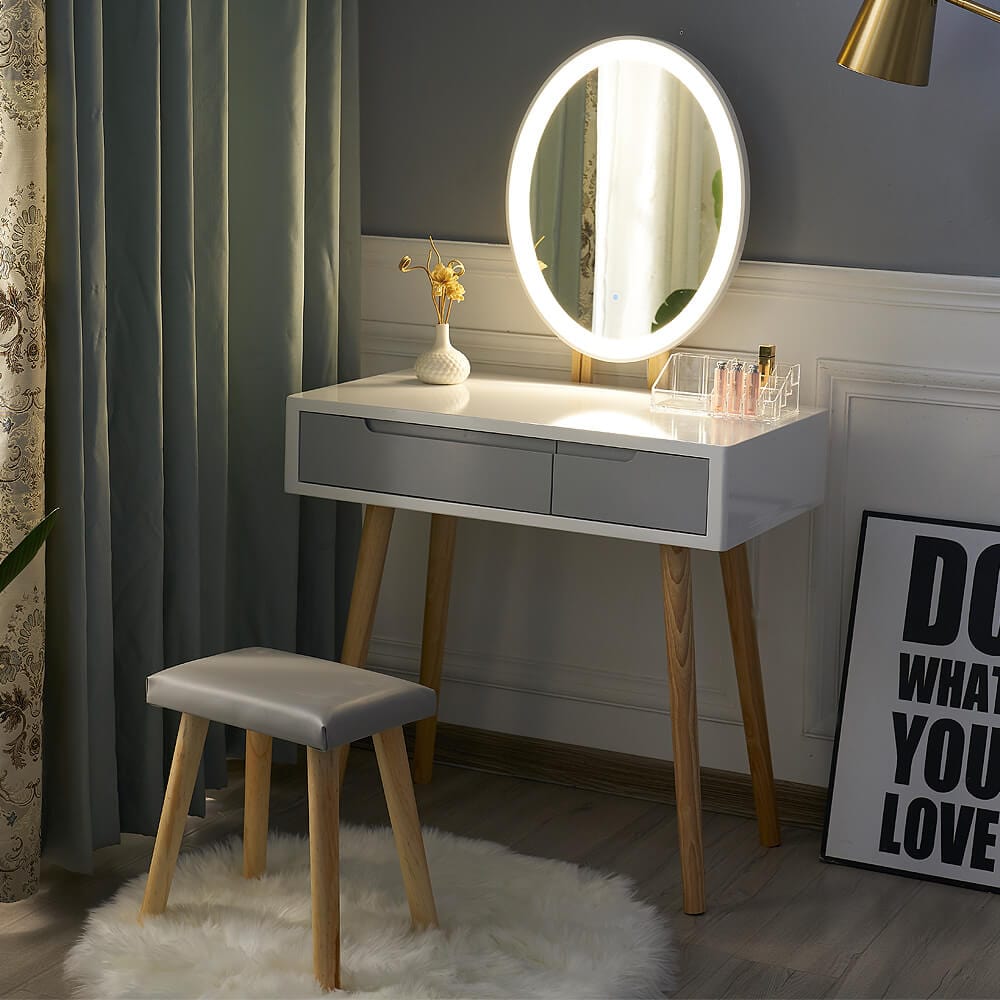 Elecwish 32" Makeup Vanity Table Stool Set Drawers with LED Oval Mirror display